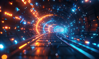 Obraz premium Abstract and futuristic image representing global data exchange, featuring a tunnel-like effect with vibrant blue and orange lights, emphasizing high-speed data transfer and advanced technology