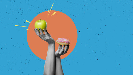 Flat art design. Nutrition - healthy apples and unhealthy sweets to choose from in your hand....