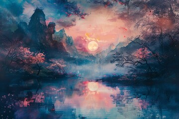 A beautiful landscape painting of a lake in the mountains at sunset. The sky is a gradient of purple and pink, and the trees are a deep green. The water is a deep blue, and the mountains are a light b - Powered by Adobe