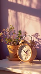 A white alarm clock on the bedside table near the bed, a plant in a pot, a purple wall background, a bedroom interior design, evening light, natural lighting