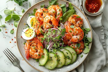 A plate of shrimp salad with cucumber and onions