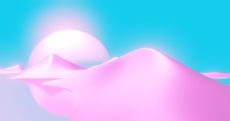 Fantasy landscape of other world, pink mountain valley and blue sky. Digital painting 3d rendering