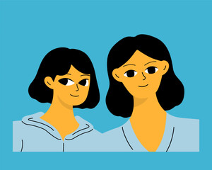 Two friends, sisters or colleagues. Girls with happy faces. Simple vector illustration in cartoon style.