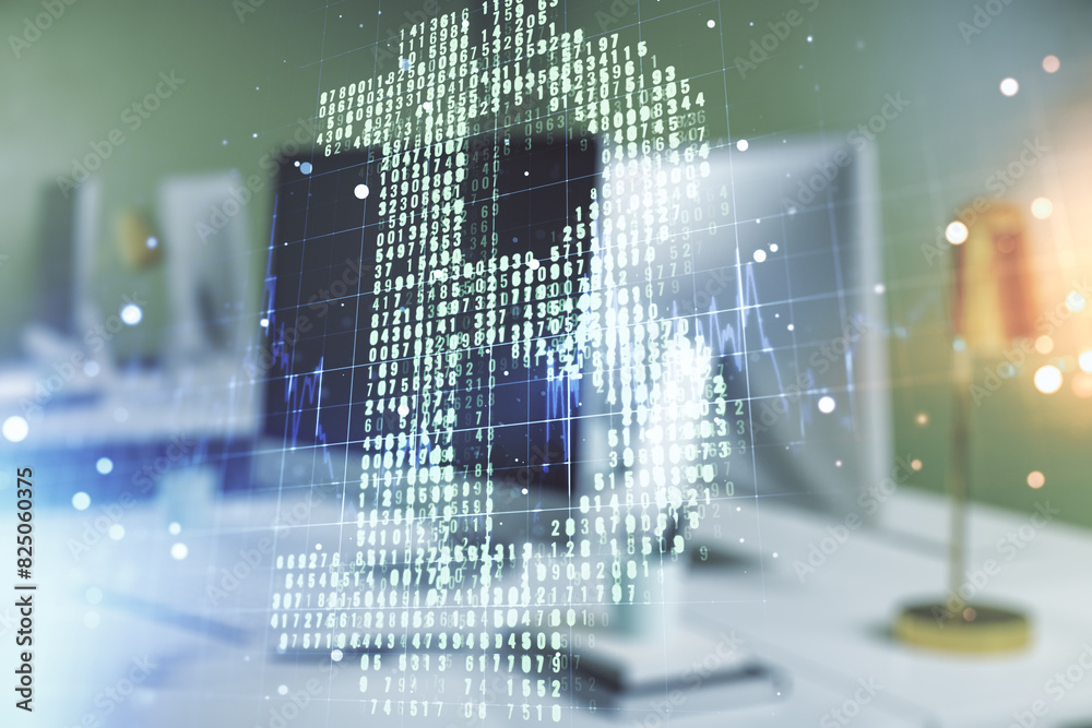 Poster creative bitcoin concept with modern computer background. double exposure