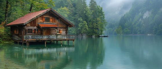 Obraz premium Wooden house on the shore of lake in the middle of a green forest
