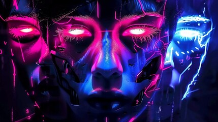 A beautiful portrait of a woman with glowing eyes and a cybernetic face in a dark background.