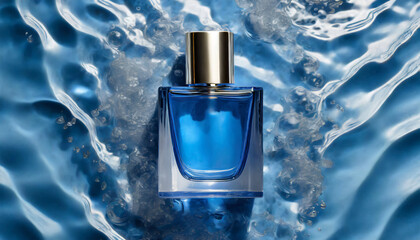 top view of a blue MockUp perfume bottle between water and waves