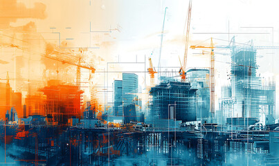 Digital illustration of a modern construction site with engineers and architects, featuring cranes and high-rise buildings in a dynamic double exposure design in blue, orange, and grey