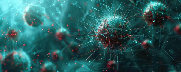 Fototapeta premium HIV invading a digital network, Cyberpunk, High Contrast, Dark Background, Digital Art, Representing digital health threats