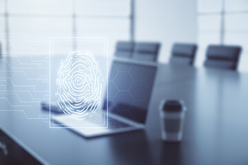 Multi exposure of abstract creative fingerprint illustration on modern laptop background, digital...