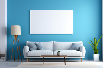 A modern living space with a vibrant sky blue accent wall, simple furniture, and an empty white frame mockup as a focal point.