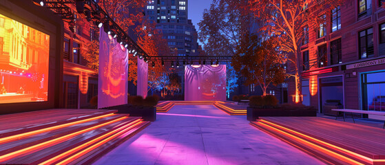 Unreal Engine 3D Street Fashion Show, City_Square_Environment, High_Fashion_Apparel, Invited_Audience, Local_Models, Blue_Hour_Time, Sunglasses_Accessories, Spotlight_Visual_Effects, Festive_Mood,