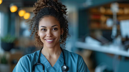 Portrait of a young smiling female doctor in a hospital, wearing medical uniform and stethoscope in a healthcare environment