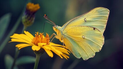 A macro shot of a yellow butterfly perched on a matching yellow flower, capturing the delicate texture of its wings and the natural harmony in colors.