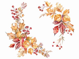 Autumn wreath composed of leaves and berries, isolated on white background, watercolor style