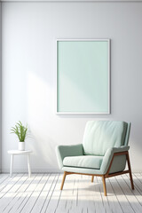 A modern lounge in shades of mint green and white, featuring clean lines and a blank white frame on a wall, offering a canvas for creativity.