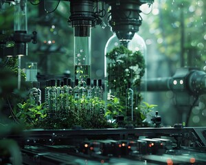 A futuristic laboratory where plants are grown in glass tubes.