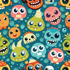 Seamless pattern of cute monster emojis like dinosaurus and skulls, perfect for adding a playful touch to any project.