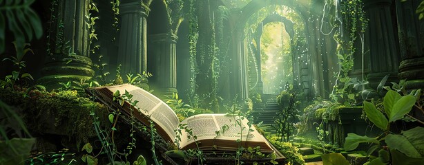 A fantasy open book with vines growing on it, set in an ancient temple surrounded by lush greenery. The scene is bathed in soft natural light filtering through the dense foliage of surrounding trees a