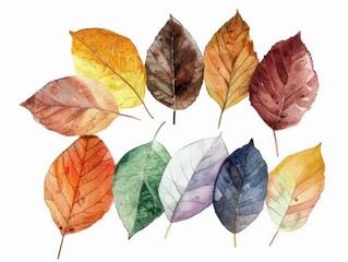 Collection of fallen leaves, assorted colors, detailed veins, isolated on white background, watercolor style