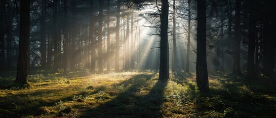 Beautiful morning in the forest. The sun's rays pass through the trees