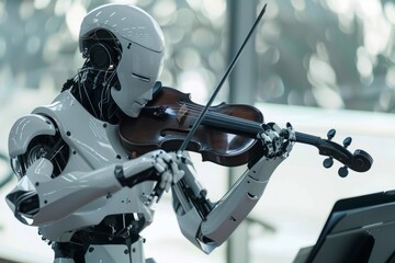 Artificial intelligence musician. Robot playing violin, replacing human job.