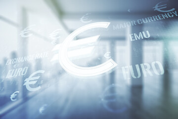 Virtual EURO symbols illustration on modern interior background, forex and currency concept. Multiexposure