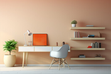 A modern minimalist office space showcasing a light-colored desk, a minimal chair, and floating shelves highlighting a colorful assortment of books and decorative pieces.