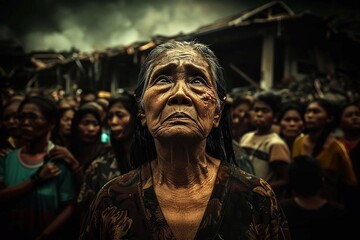 A photo of an elderly woman looking up at the sky with a crowd of people in the background.