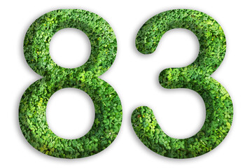 3d of the number of 83 is made from green grass on white background, go green concept