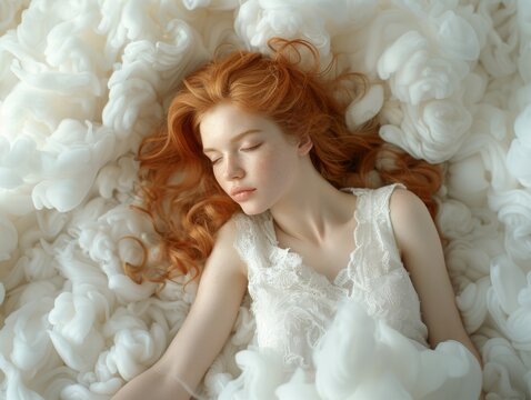 world sleep day. Picture of a sleeping woman surrounded by dreamy white clouds with more space around,
