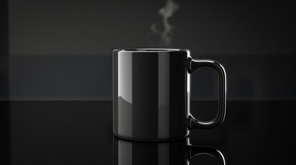 A minimalist black coffee mug emitting steam, placed on a dark reflective surface that mirrors its simple yet elegant design.