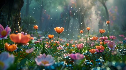 A field of flowers with a few trees in the background