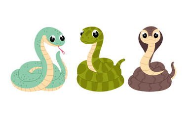 Set cute snakes in flat style. Cartoon snakes on a white background. Kids illustration of animals. Symbol of 2025, New Year.