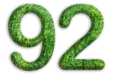 3d of the number of 92 is made from green grass on white background, go green concept - Powered by Adobe
