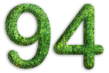 3d of the number of 94 is made from green grass on white background, go green concept