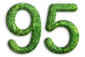 3d of the number of 95 is made from green grass on white background, go green concept