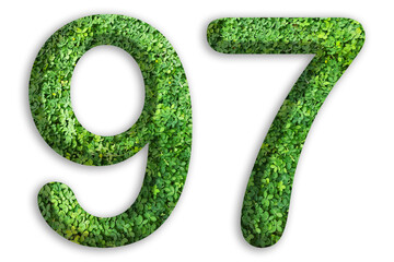 3d of the number of 97 is made from green grass on white background, go green concept