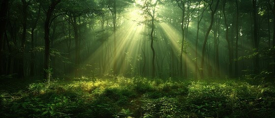 Obraz premium Morning in the forest with sunbeams through the trees. Mysterious green forest with sunbeams and rays of light