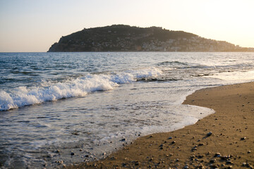 Mediterranean seaside coast with nobody in sunny evening.