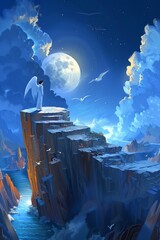 An angel stands on a cliff overlooking a body of water. The angel is looking up at the moon.