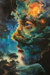 An astronaut is floating in space, looking at a planet with a surreal, psychedelic landscape.