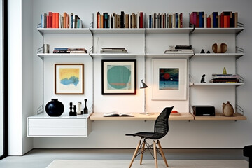 A modern minimalist office space showcasing a light desk, a minimal chair, and floating shelves highlighting a colorful assortment of books and decorative pieces.