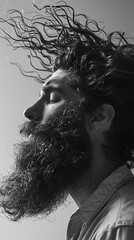Black and white portrait of a man with long beard and curly hair blowing in the wind.