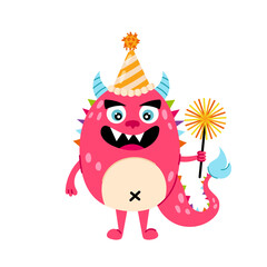 Funny pink monster with sparkler in flat style. Birthday, holiday, congratulation. Kids monster character.