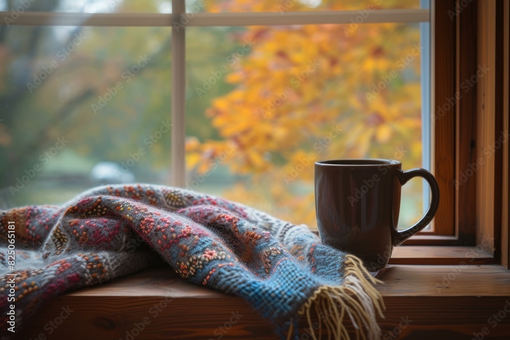 Sticker Warm cup and colorful knit blanket by a window overlooking fall foliage