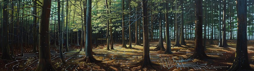 A forest of trees with circuit board patterns, symbolizing the connection between nature and technology. , Hyperrealistic oil painting