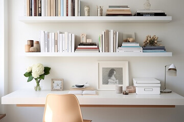 A modern minimalist office space with a pale desk, a solid-color chair, and floating shelves highlighting an assortment of bright books and chic decor.