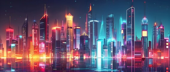 Futuristic Cityscape with Neon Lit Skyscrapers and Holographic Displays for Chinese New Year Mock Up or Background
