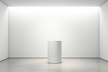 A modern, minimalist podium with a single spotlight illuminating a symbolic object against a clean, white room.